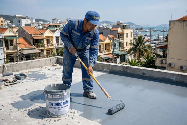 Thợ thi công chống thấm sân thượng Vũng Tàu đang lăn lớp phủ chống thấm trên sàn bê tông